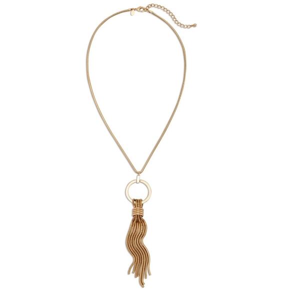 CHICO’S Gabby Pendant Necklace Gold Looped Long Snakechain Tassel - Picture 2 of 9